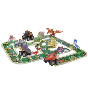 Kidst 3D Dinosaur Puzzle with 3 pull-back dinosaur toy cars on a prehistoric-themed race track playset