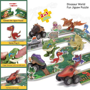 Kidst 3D Dinosaur Puzzle educational playset with 42-piece dual-sided puzzle and 3 pull-back dinosaur toy cars for kids aged 6 and up