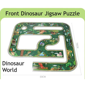 Kidst 3D Dinosaur Puzzle front side showing Dinosaur World with dimensions and colorful prehistoric illustrations
