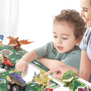 Child playing with Kidst 3D Dinosaur Puzzle and pull-back dinosaur toy cars with adult assistance