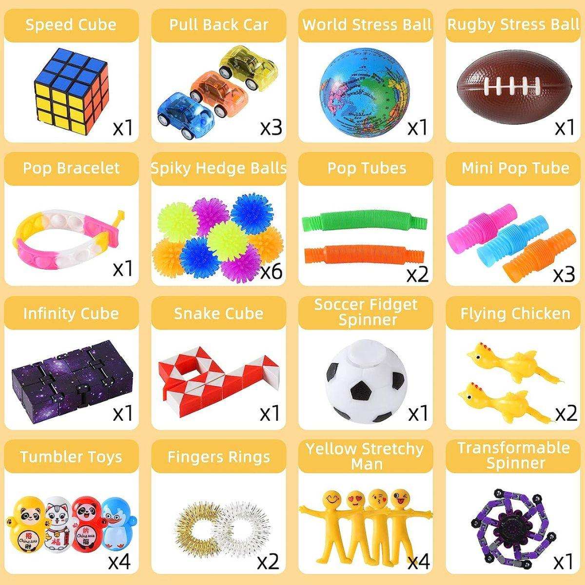Kidst Fidget Sensory Toy Set with 42 colorful pieces including speed cube, pull back cars, stress balls, pop tubes, infinity cube, snake cube, and various fidget spinners designed for stress relief and focus.