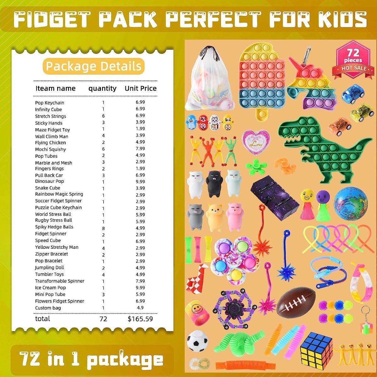Kidst Fidget Sensory Toy Set 72-piece stress relief and focus pack with assorted colorful fidget toys and storage bag