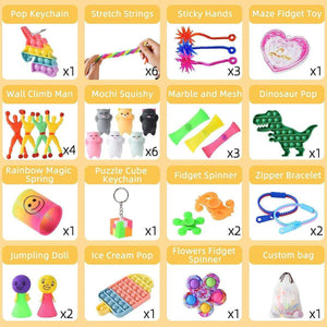 Kidst Fidget Sensory Toy Set with multiple colorful stress relief toys including pop keychain, stretch strings, sticky hands, maze fidget, wall climb men, mochi squishy, marble and mesh, dinosaur pop, rainbow magic spring, puzzle cube keychain, fidget spinners, zipper bracelets, jumpling dolls, ice cream pop, flower fidget spinner, and custom storage bag.
