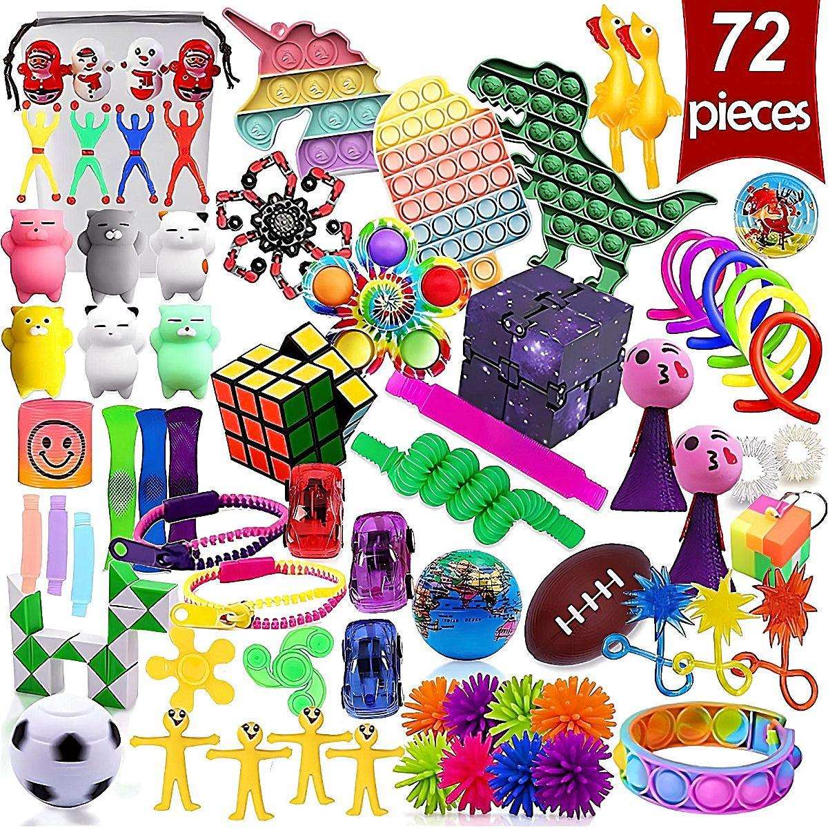 Kidst Fidget Sensory Toy Set with 72 pieces including pop it toys, spinners, cubes, squishy animals, and various stress relief tools for all ages