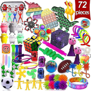 Kidst Fidget Sensory Toy Set with 72 pieces including pop it toys, spinners, cubes, squishy animals, and various stress relief tools for all ages