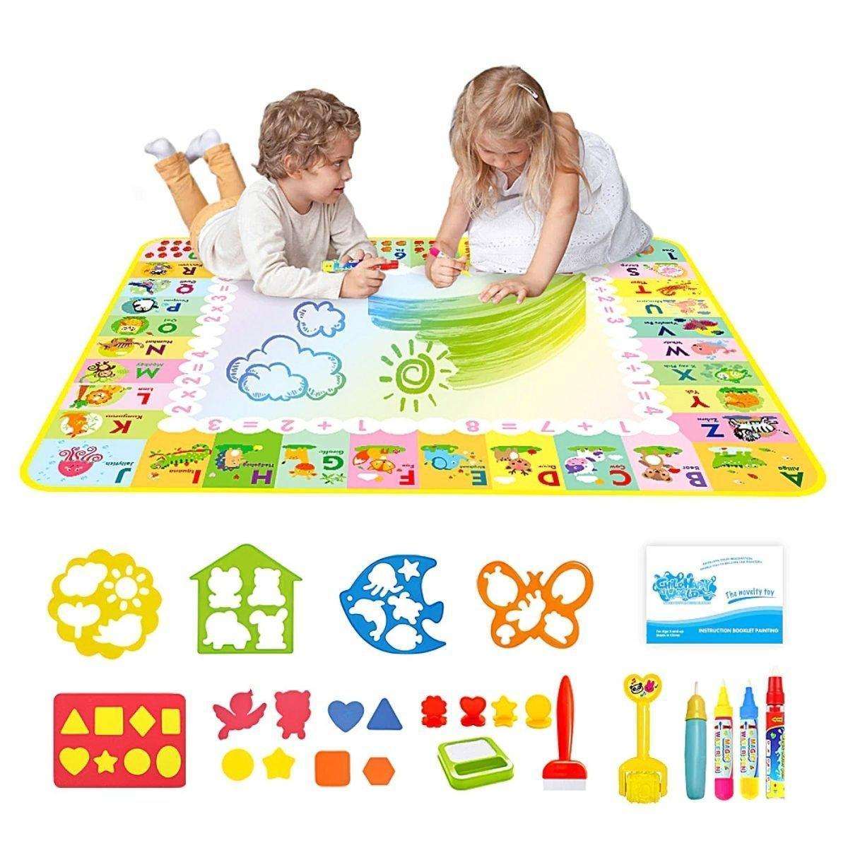 Kids using Kidst Aqua Water Doodle Mat with colorful water pens and stencils on alphabet-themed mat for mess-free drawing and learning.