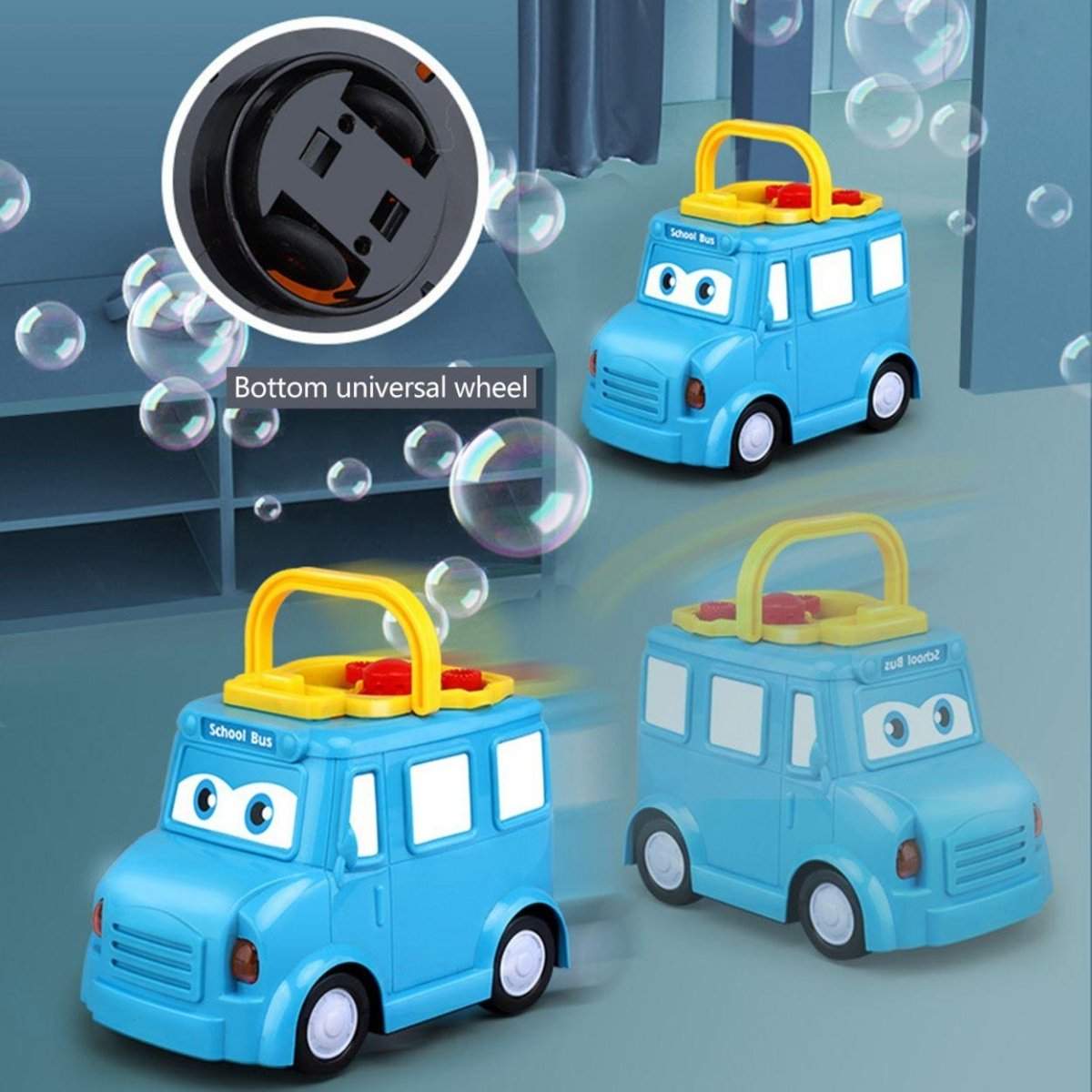 Blue school bus bubble blower toy with bubbles and universal wheels for kids' play
