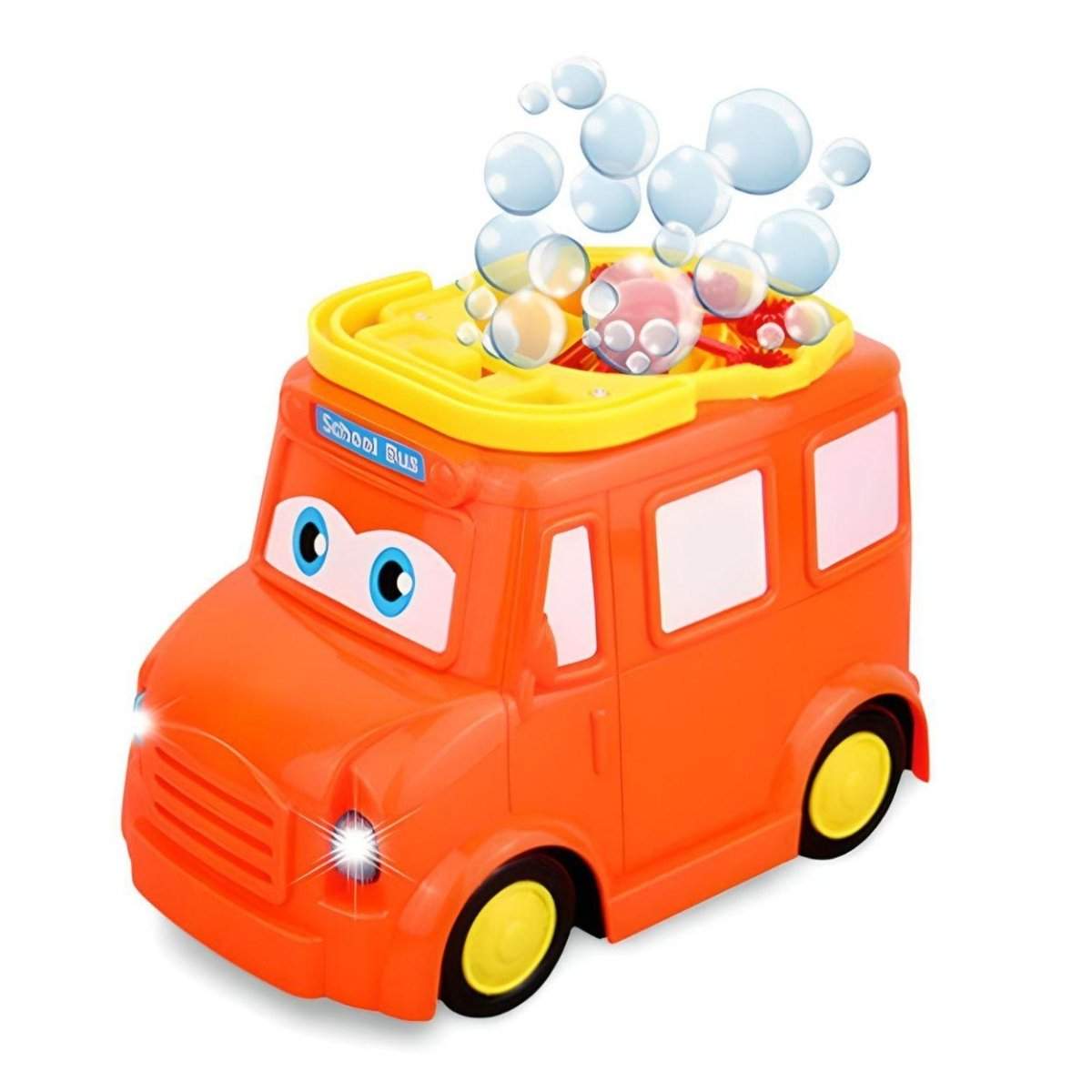 Orange school bus bubble blower toy for kids with bubbles coming out of the roof