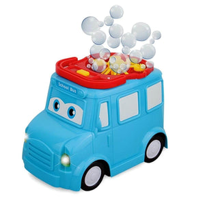 Blue school bus bubble blower toy producing bubbles from the roof and windows