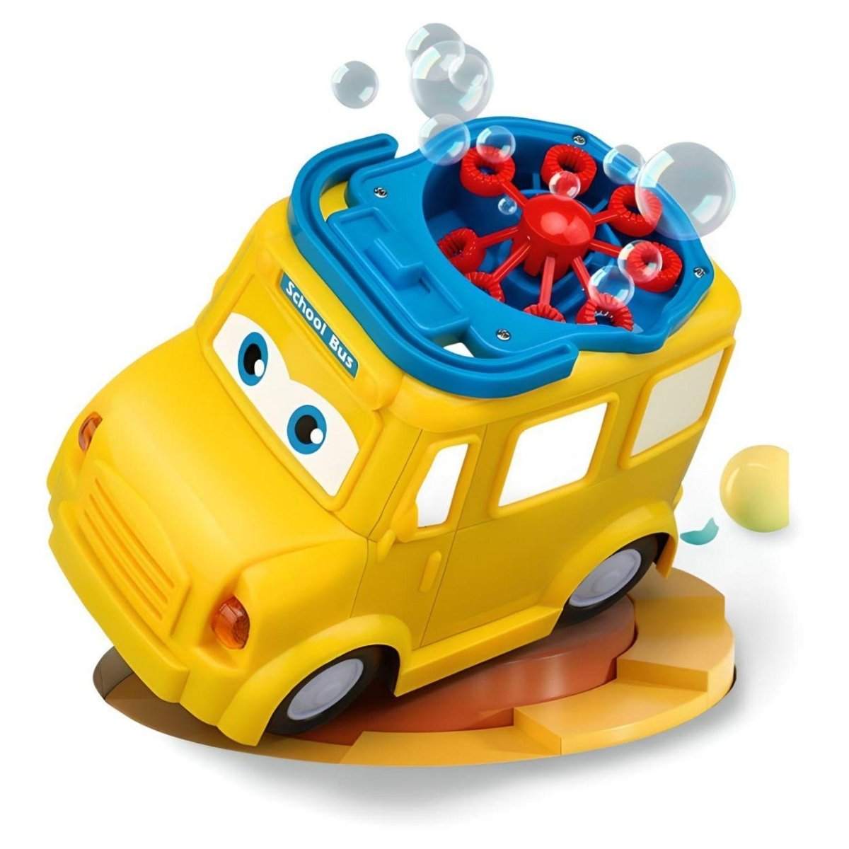 Yellow school bus bubble blower toy creating bubbles with blue and red bubble mechanism on top