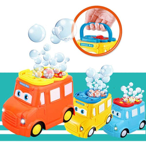 Colorful school bus bubble blower toys in orange, yellow, and blue producing bubbles with a handle detail shown
