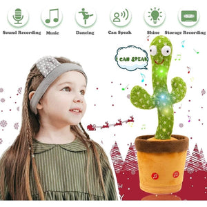 Child watching Dancing Cactus Repeat Talking plush toy with music and light features