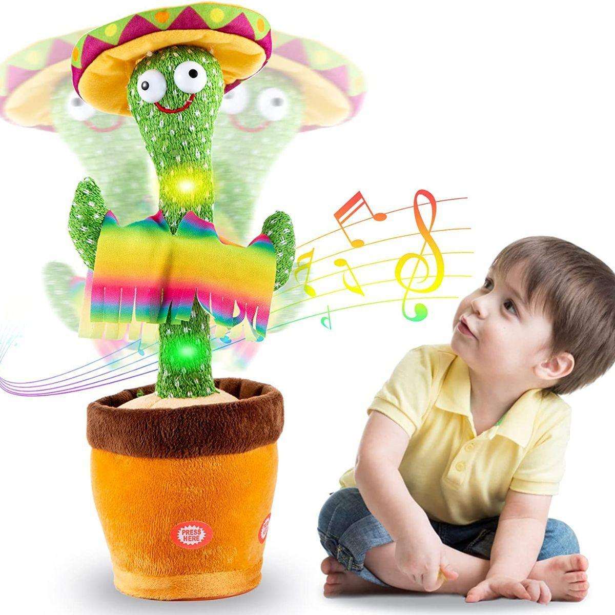 Dancing Cactus Repeat Talking plush toy with music lights and a sitting toddler watching