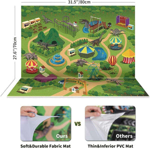 Kidst Dinosaur Play Set with soft, durable fabric activity mat featuring a colorful dinosaur park scene for imaginative play and education.