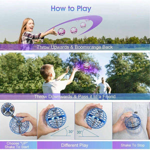 Kidst flying drone boomerang 360 rotating spinning UFO toy demonstration with kids playing outdoors and hand-controlled drone spinning in hands