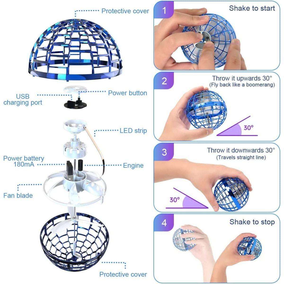 Kidst flying drone boomerang 360 rotating UFO toy with LED lights and USB charging, shown disassembled and in use demonstrations