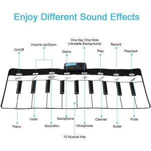 Kidst Piano Play Mat with labeled keys and sound effect buttons for multiple instruments and functions