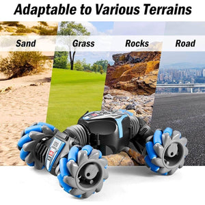 Kidst RC Stunt Car showing adaptability on sand, grass, rocks, and road terrains with blue and black wheels