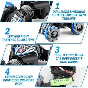 Kidst RC Stunt Car close-up showing dual mode switching, stunt wheels, smooth textured body, and rechargeable battery pack