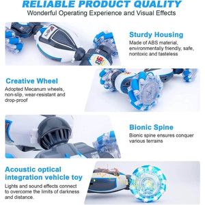 Kidst RC Stunt Car with sturdy ABS housing, mecanum wheels, bionic spine, and acoustic optical effects for all-terrain performance and stunning stunts