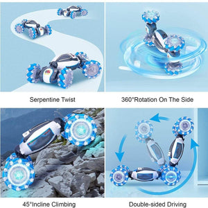 Kidst RC Stunt Car performing serpentine twist, 360° side rotation, 45° incline climbing, and double-sided driving stunts with blue LED wheels