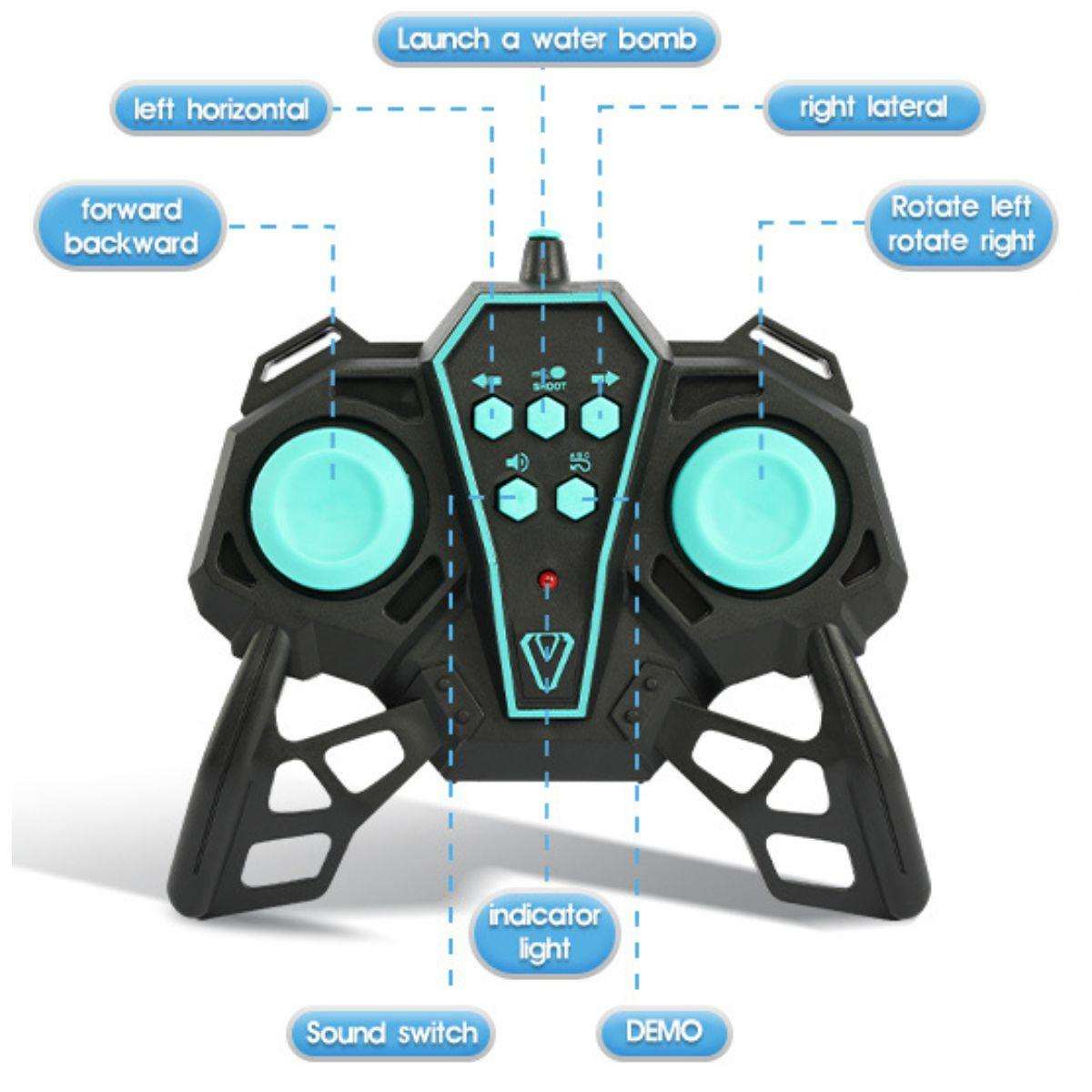 Kidst RC Tank Toy remote control with labeled buttons for multi-directional movement and water bomb launch