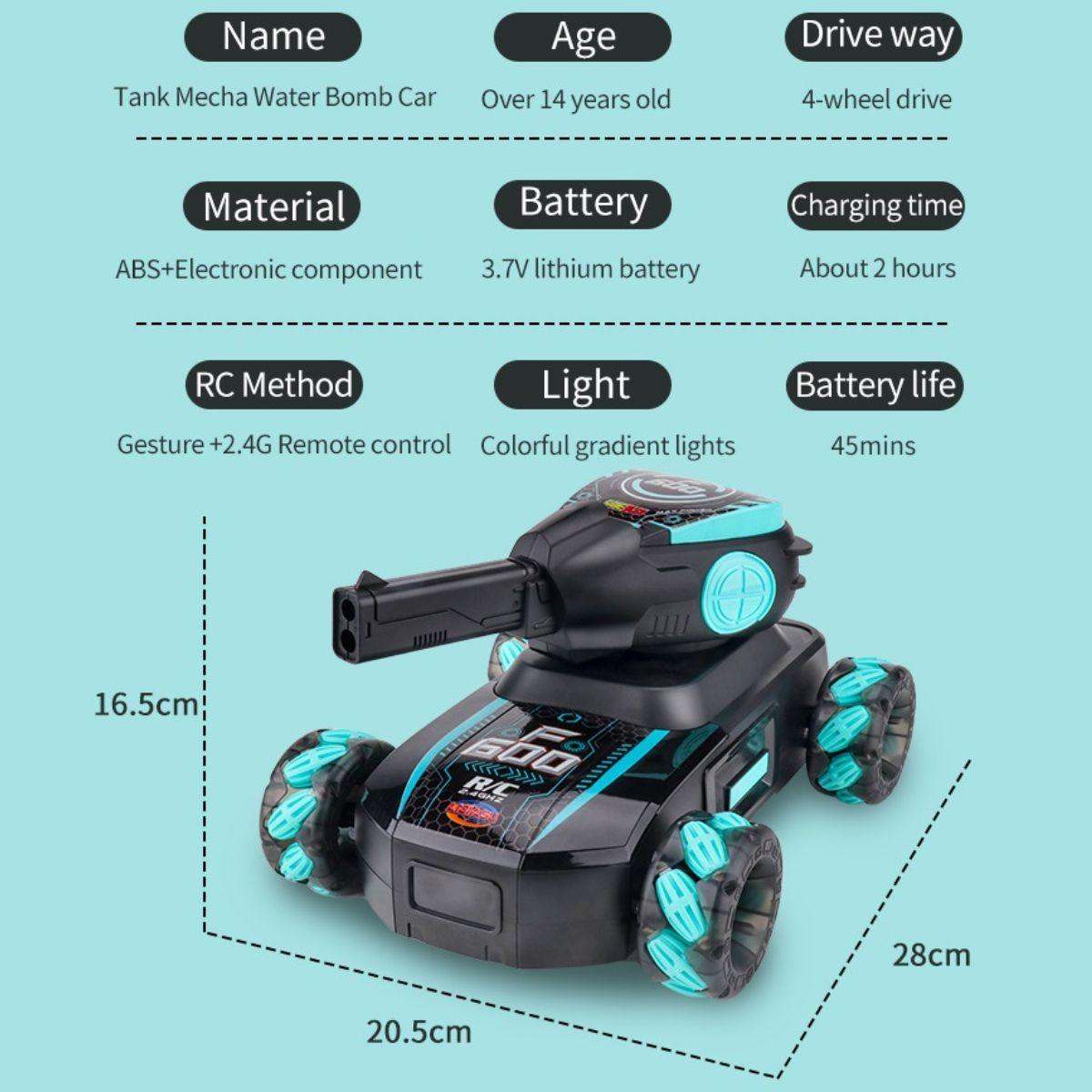 Kidst RC Tank Toy with gesture control, 4-wheel drive, rechargeable battery, durable ABS material, colorful lights, and all-terrain mobility.