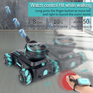 Kidst RC Tank Toy gesture-controlled remote control car launching water bombs indoors with watch control and multi-directional wheels