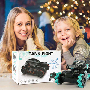 Happy child and woman with Kidst RC Tank Toy and its packaging during festive indoor playtime