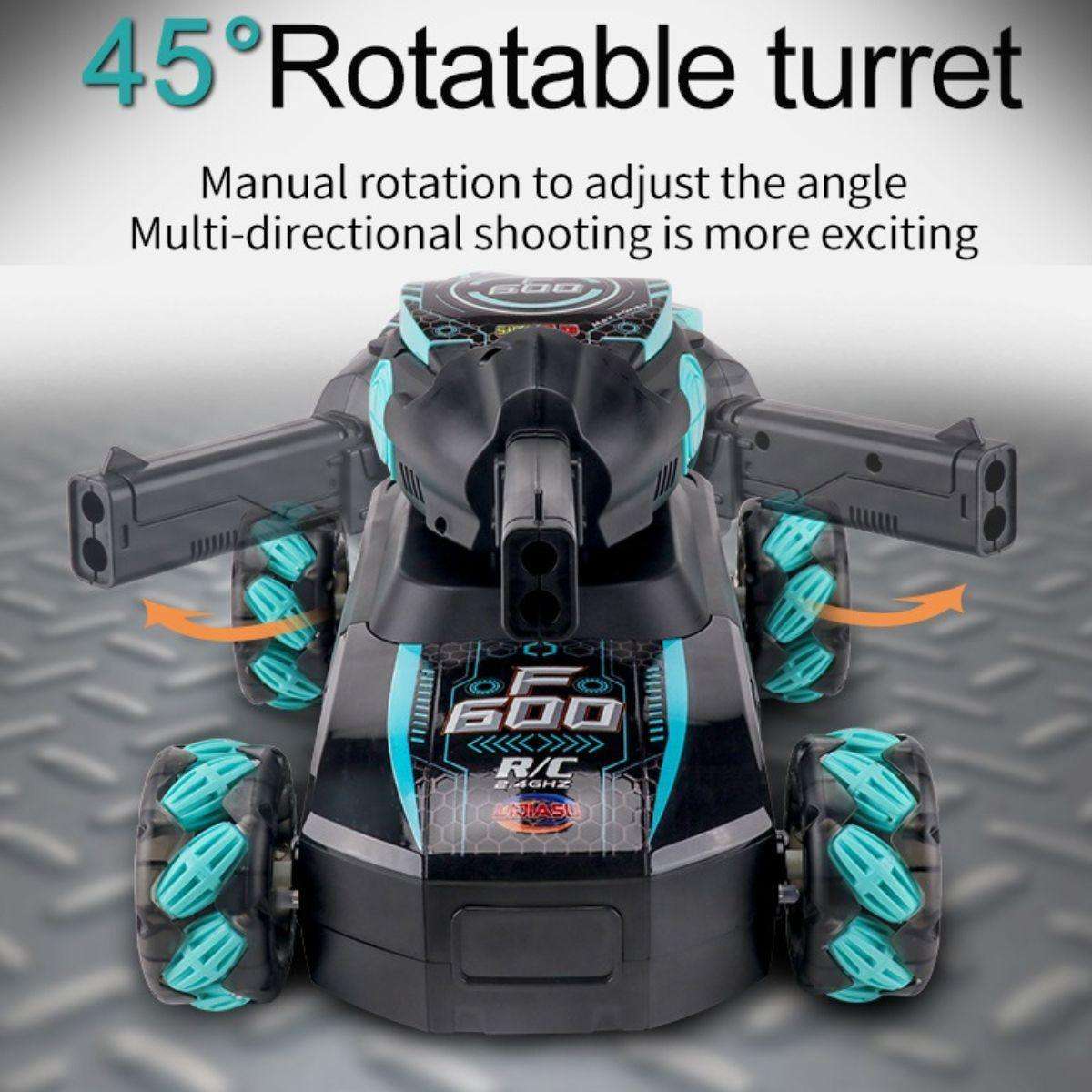Kidst RC tank toy with 45-degree rotatable turret and multi-directional shooting features