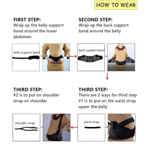 Step-by-step guide to wearing MaterniCare BellyGuard maternity belt with belly, back, shoulder, and waist straps demonstration