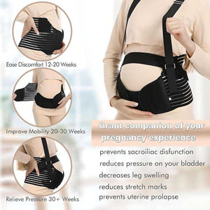 Pregnant woman wearing adjustable MaterniCare BellyGuard pregnancy belly band with shoulder straps