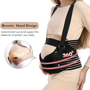 Pregnant woman wearing MaterniCare BellyGuard maternity belt with adjustable straps supporting belly and back