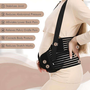 Pregnant woman wearing black MaterniCare BellyGuard maternity belt with straps showing benefits like joint stabilization, reduced abdominal pressure, and back pain relief
