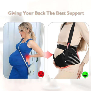 Pregnant woman showing back pain without MaterniCare BellyGuard and comfortable support using MaterniCare BellyGuard maternity belt with straps
