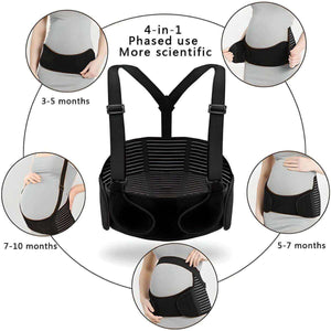 Black MaterniCare BellyGuard pregnancy belly band with adjustable shoulder straps showing four stages of maternity support usage