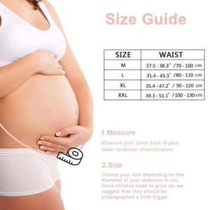 Pregnant woman holding belly with pregnancy belly band size guide chart