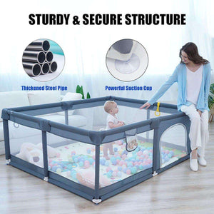 Toddly Explorer Max baby playpen with sturdy steel pipes, suction cups, and mesh sides for safe indoor play
