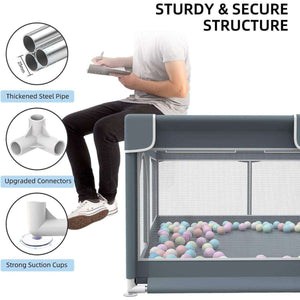 Toddly Explorer Max baby playpen with sturdy steel pipes, upgraded connectors, and strong suction cups filled with colorful balls