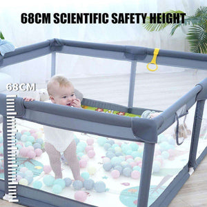 Toddly Explorer Max baby playpen with 68cm safety height and mesh sides containing a standing baby with colorful balls inside