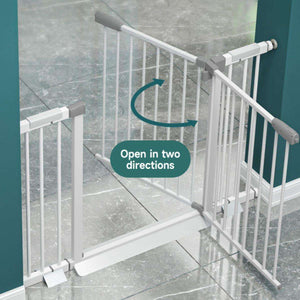 Toddly GuardMate baby safety gate in white, adjustable with two-direction opening for child and pet security