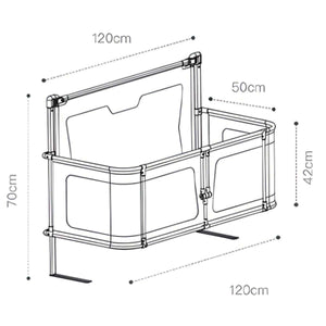 Diagram of NightNest Bedside Rail for babies with adjustable dimensions and breathable mesh safety barrier.