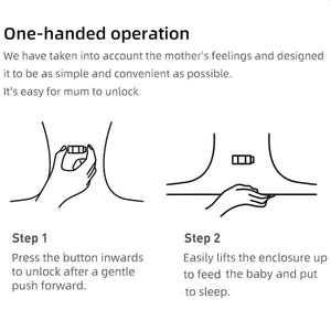 Instructional diagram showing how to easily unlock and lift the Toddly NightNest Bedside Rail with one hand for feeding or soothing baby.
