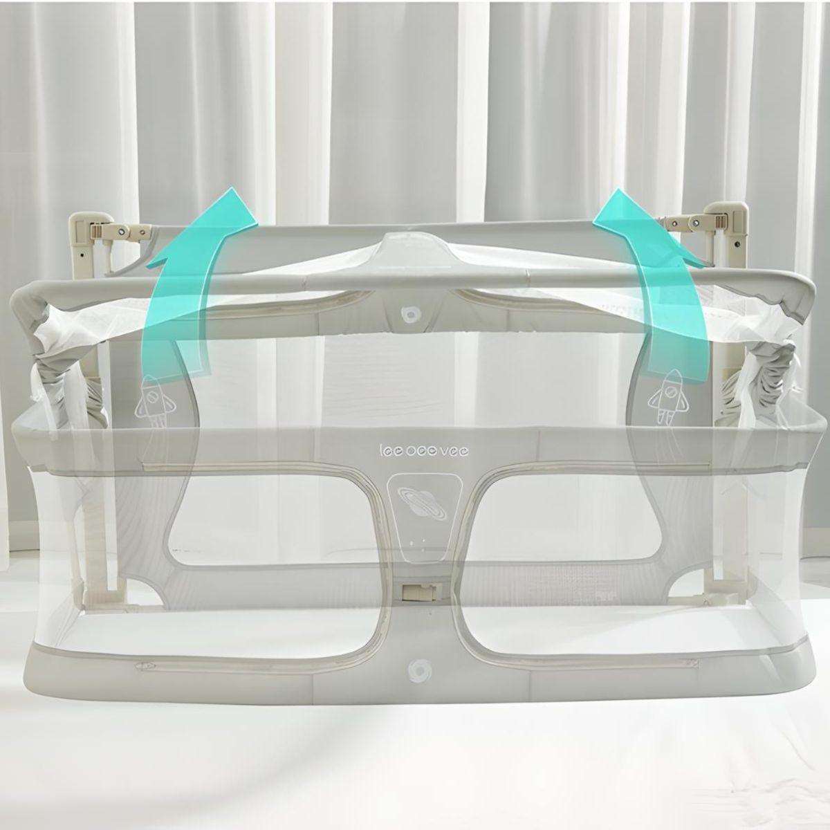 Toddly NightNest Bedside Rail with breathable mesh and lift-down panel for baby safety and easy access
