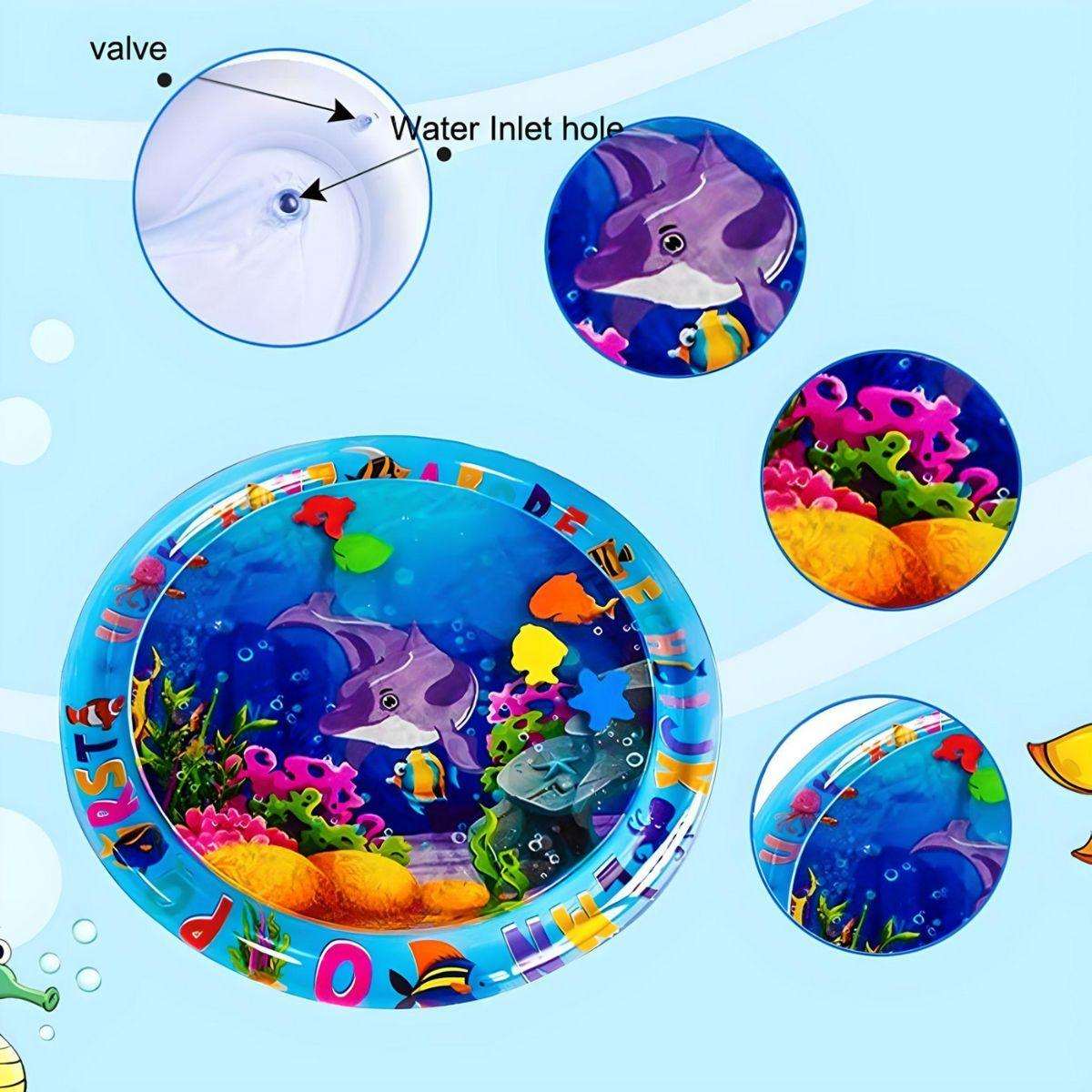 Toddly SplashCircle inflatable round tummy time water mat with vibrant underwater design for baby sensory play and development