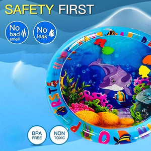 Toddly SplashCircle round tummy time water mat with colorful underwater design, BPA free and non-toxic baby sensory play mat