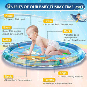 Baby on Toddly SplashCircle tummy time water mat showing benefits for head, brain, eyes, neck, back, tummy, and legs development.