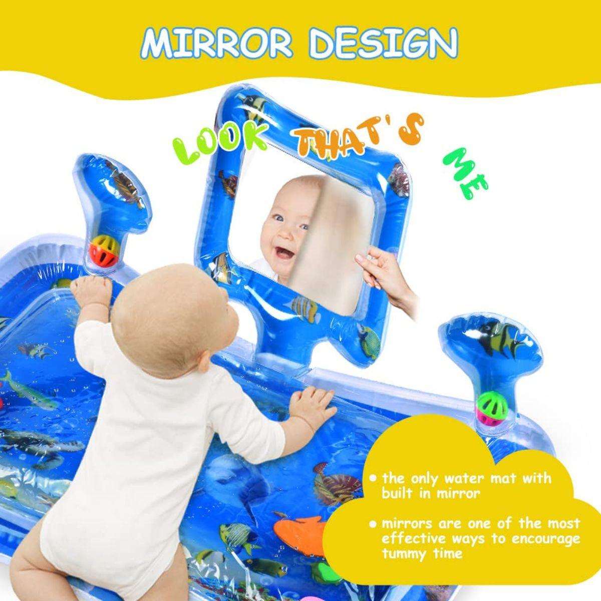 Baby playing on Toddly SplashMirror tummy time water mat with built-in mirror and floating toys for sensory development