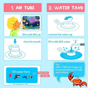 Toddly SplashMirror tummy time water mat setup instructions with air tube and water tank details and mold prevention tip