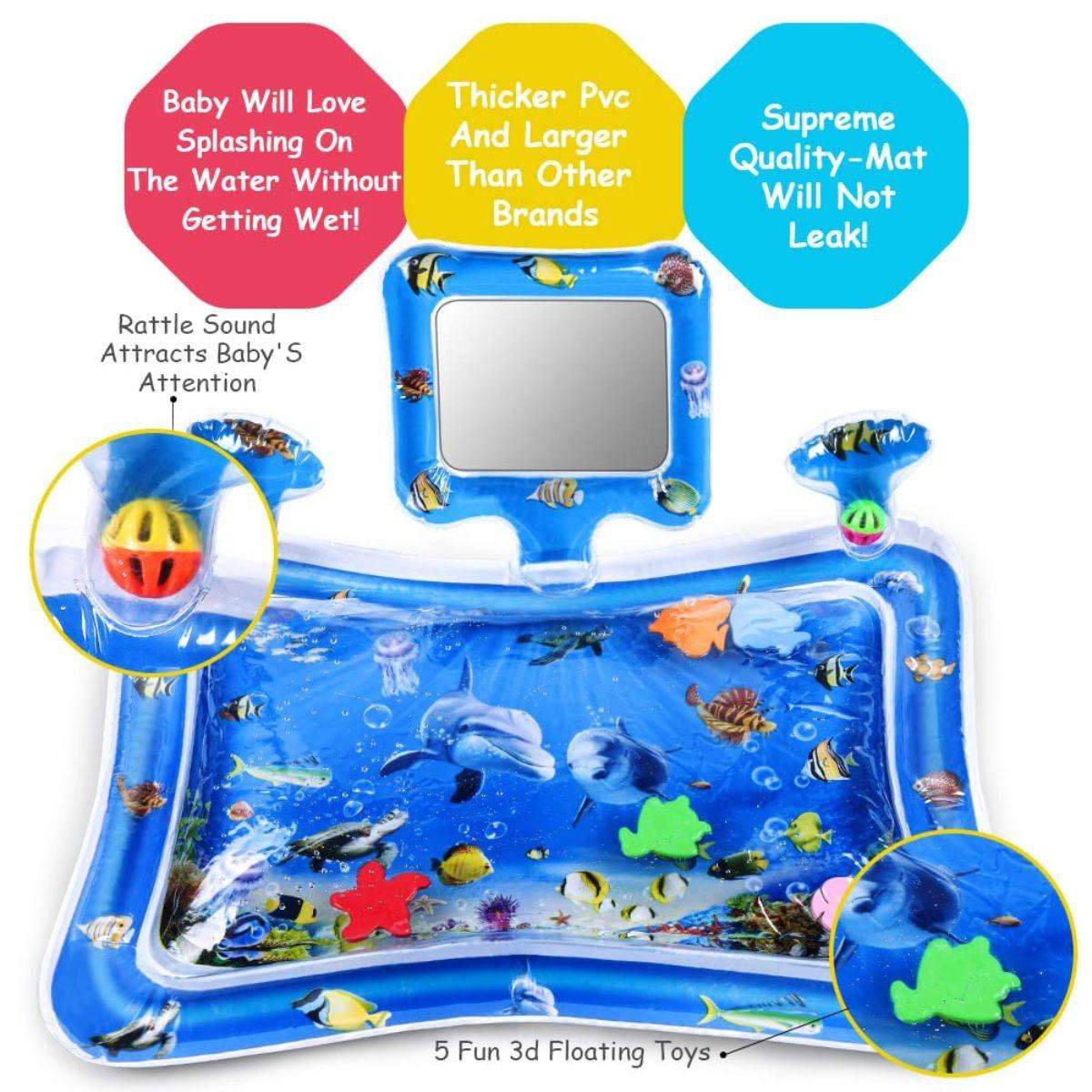 Toddly SplashMirror tummy time water mat with mirror, floating toys, and rattle for baby sensory development